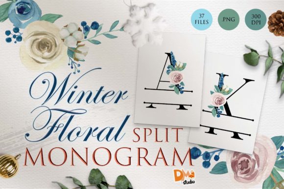 Split Monogram Winter Floral Watercolor Design